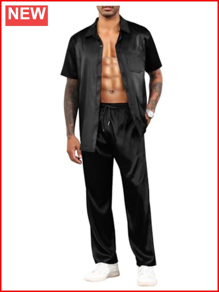 Satin 2 Piece Outfit - Button Down Shirt & Jogger Pants Set